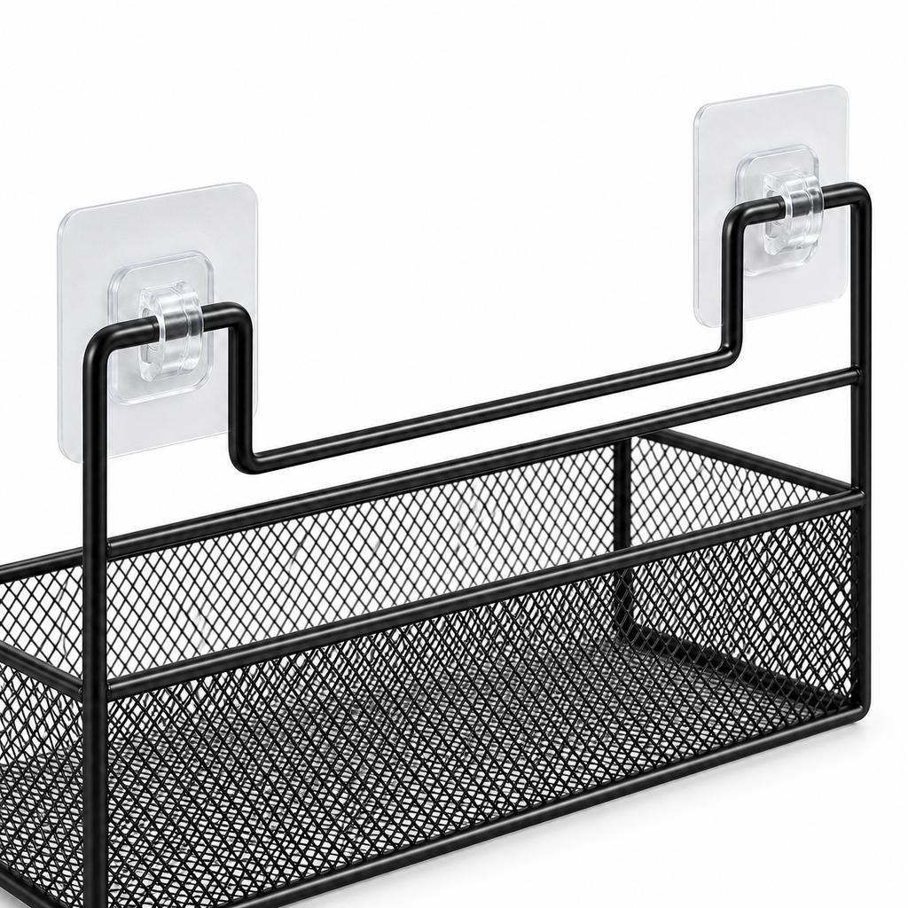Self-Adhesive Wall Shelf Basket – No-Drill Metal Mesh Storage for Bathroom & Kitchen