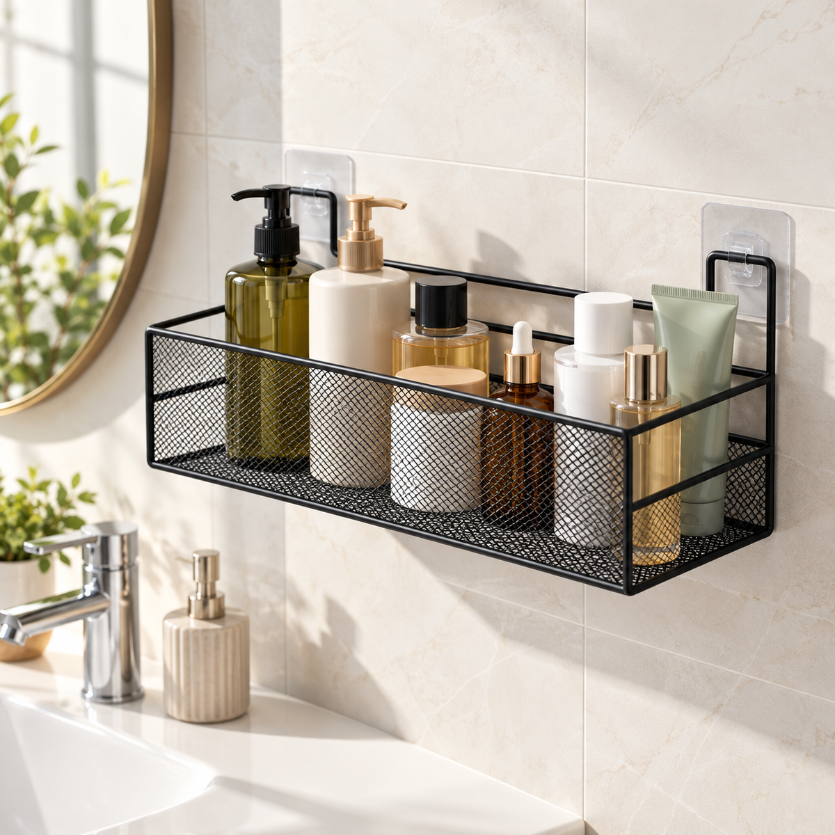 Self-Adhesive Wall Shelf Basket – No-Drill Metal Mesh Storage for Bathroom & Kitchen