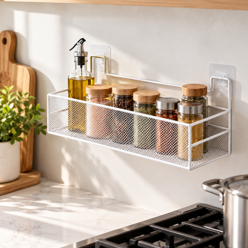 Self-Adhesive Wall Shelf Basket – No-Drill Metal Mesh Storage for Bathroom & Kitchen