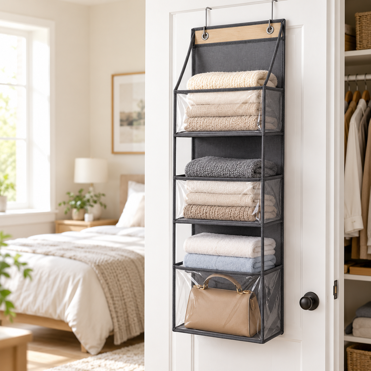4-Tier Over the Door Hanging Organizer – Clear Pocket Closet Storage for Clothes & Towels