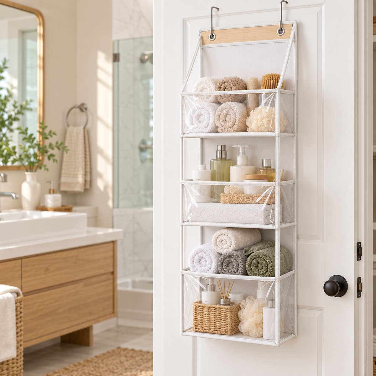 4-Tier Over the Door Hanging Organizer – Clear Pocket Closet Storage for Clothes & Towels