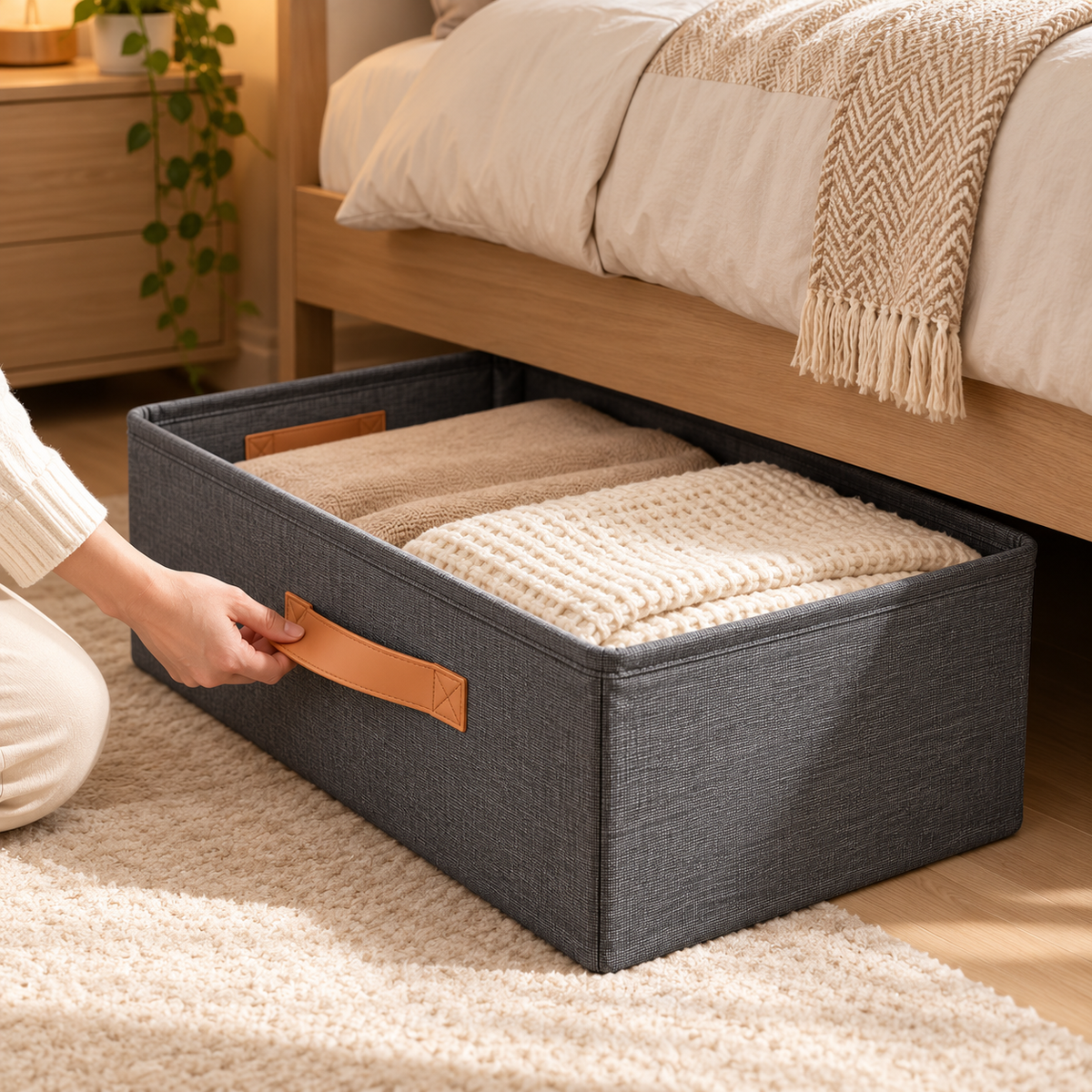 Foldable Fabric Storage Box with Handles – Stackable Closet & Clothes Organizer Bin